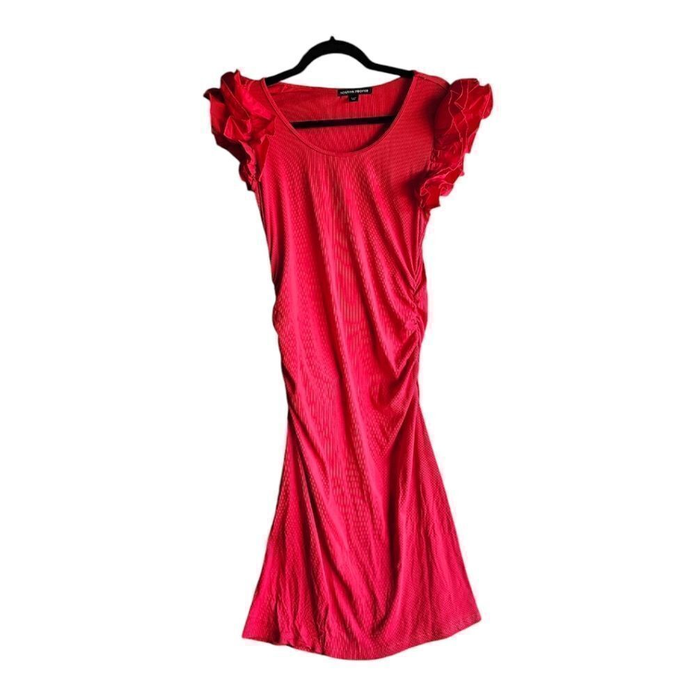 BOSTON PROPER Ruffle Knit Rib Ruched Dress Racing Red - Size Medium - Picture 2 of 9